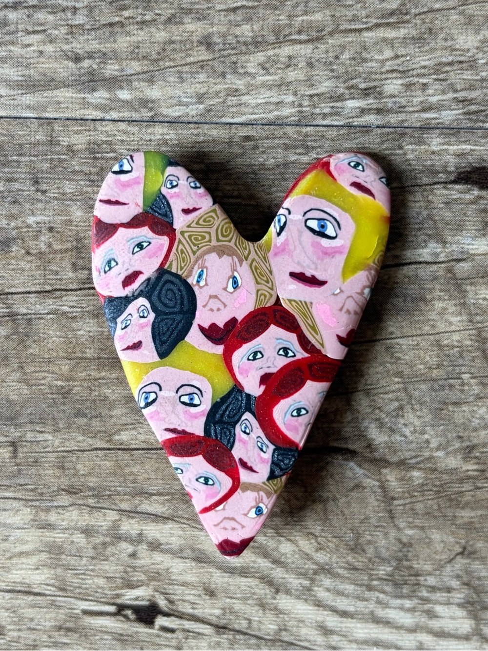 Vintage Hand Painted Handmade Eclectic Bunch of Faces Heart Shaped Brooch